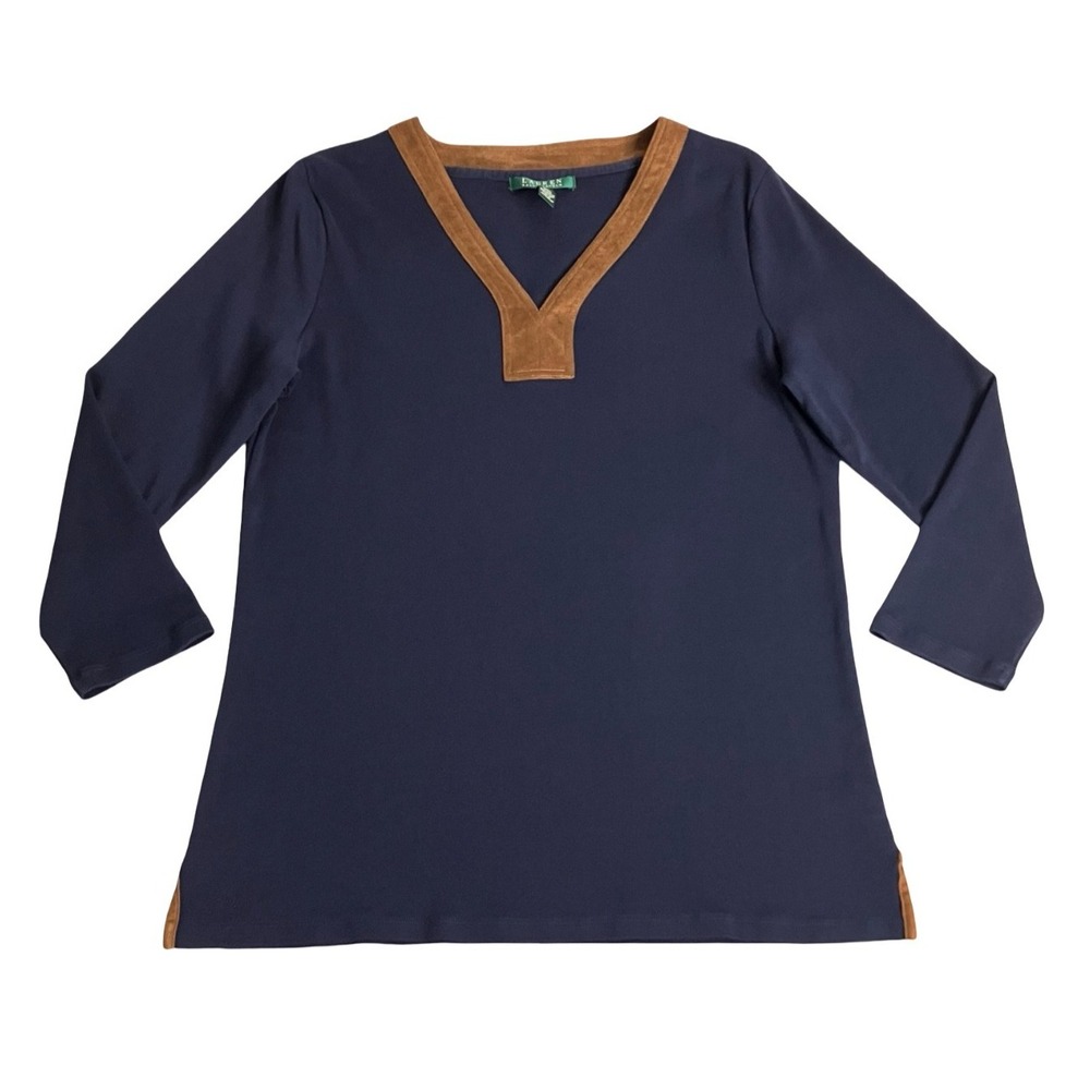 Lauren Ralph Lauren Top Womens XL Navy Faux Suede Trim Ribbed Equestrian Preppy